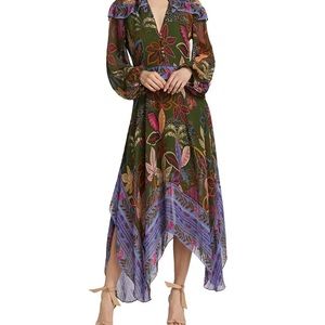 Farm Rio Wild Jungle Green Womens Dress L Print Handkerchief Hem Ruffle Midi
